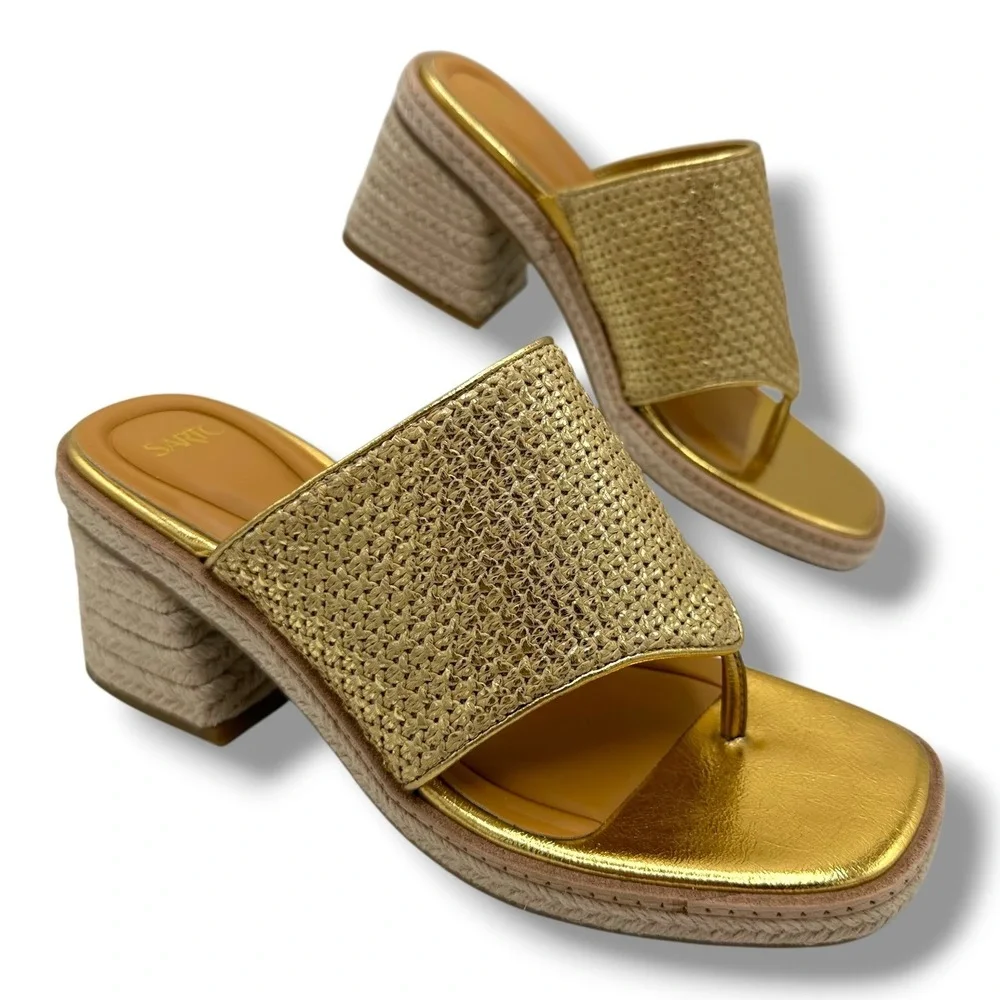 Sarto by Franco Sarto Ferrara2 Gold‎ Metallic Espadrille Block Heel Sandals 8.5M